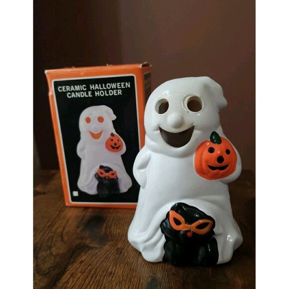 Halloween Ghost Pumpkin Black Cat Ceramic Candle Holder Vintage Jack O'Lantern - Picture 2 of 14